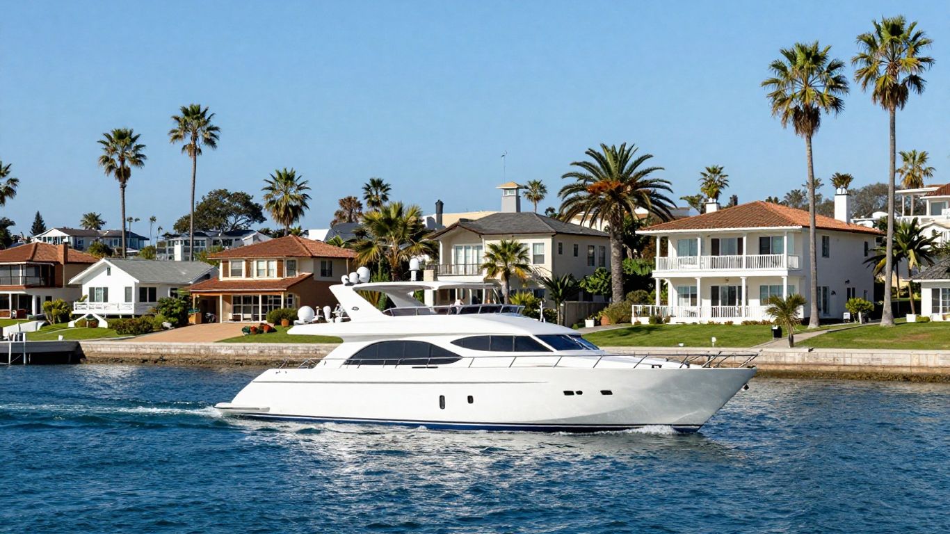 Luxury yacht sailing Newport Beach coastline