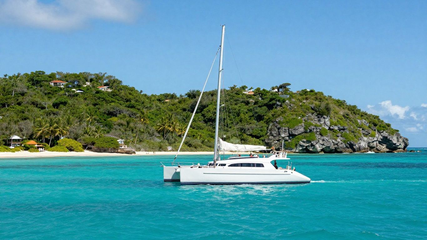 Luxury catamaran sailing in the clear turquoise waters of the Bahamas.
