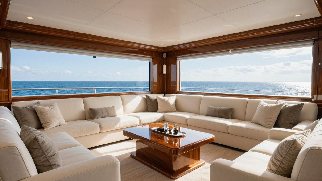 Luxurious yacht interior with ocean view.