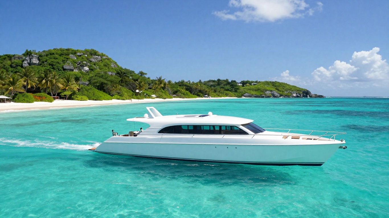 Catamaran sailing in clear turquoise Caribbean waters.
