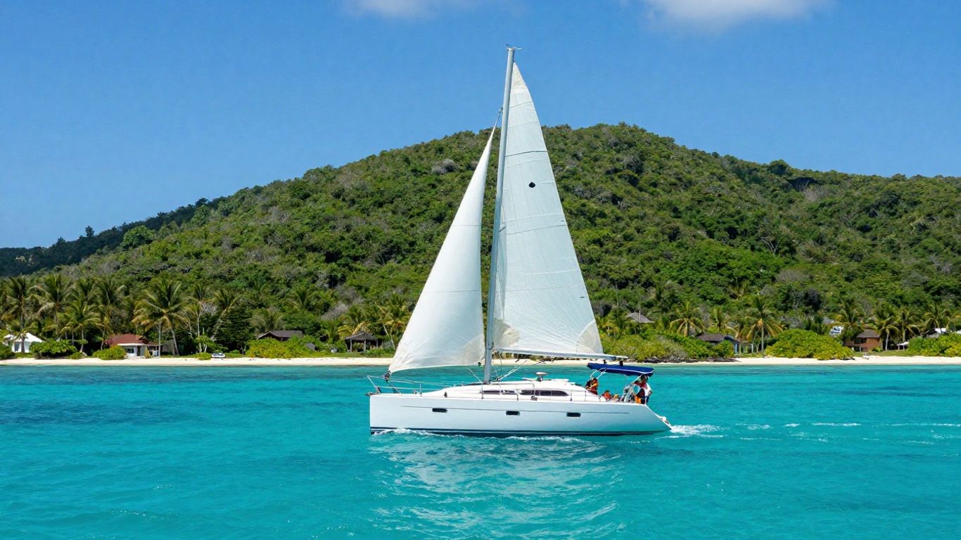 Sailboat sailing in clear Caribbean waters near islands.
