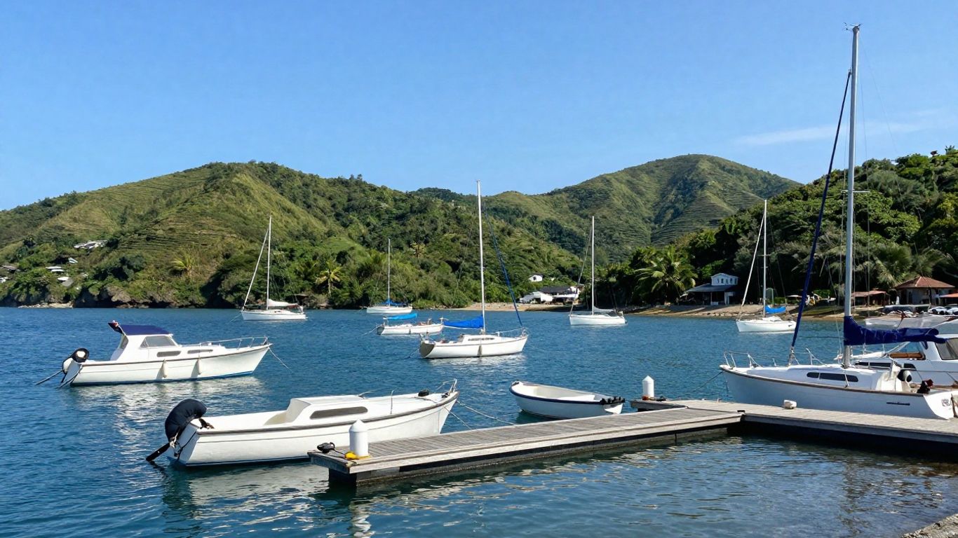 Boats docked in a peaceful harbor with green hills.