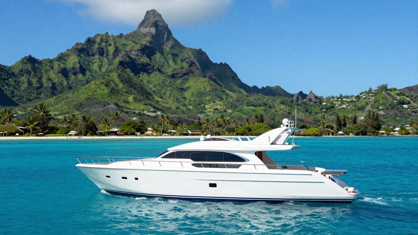Luxury yacht sailing in Tahiti with volcanic mountains.