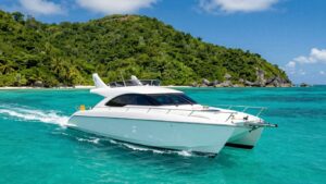 Power catamaran sailing in the British Virgin Islands.