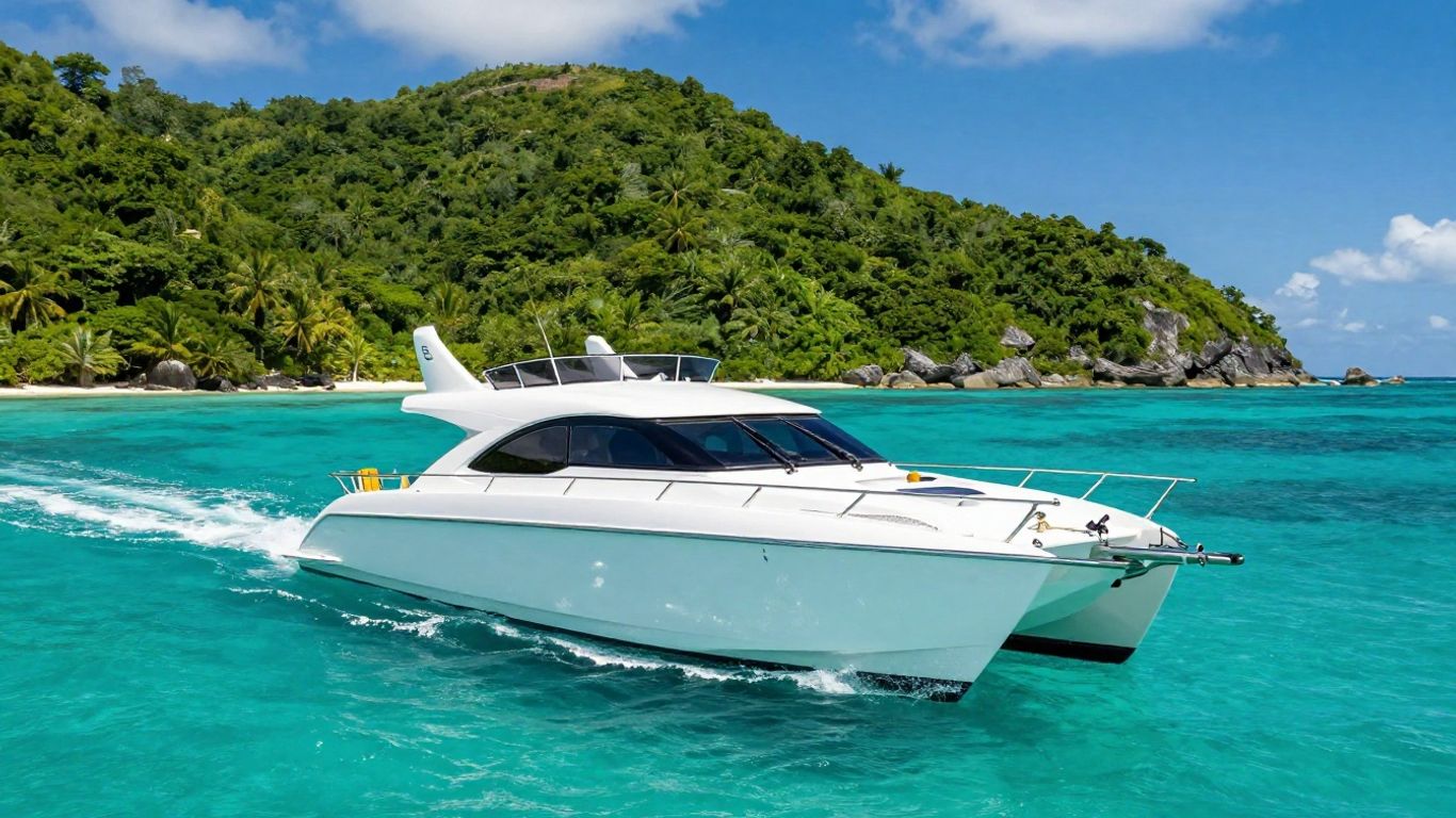 Power catamaran sailing in the British Virgin Islands.