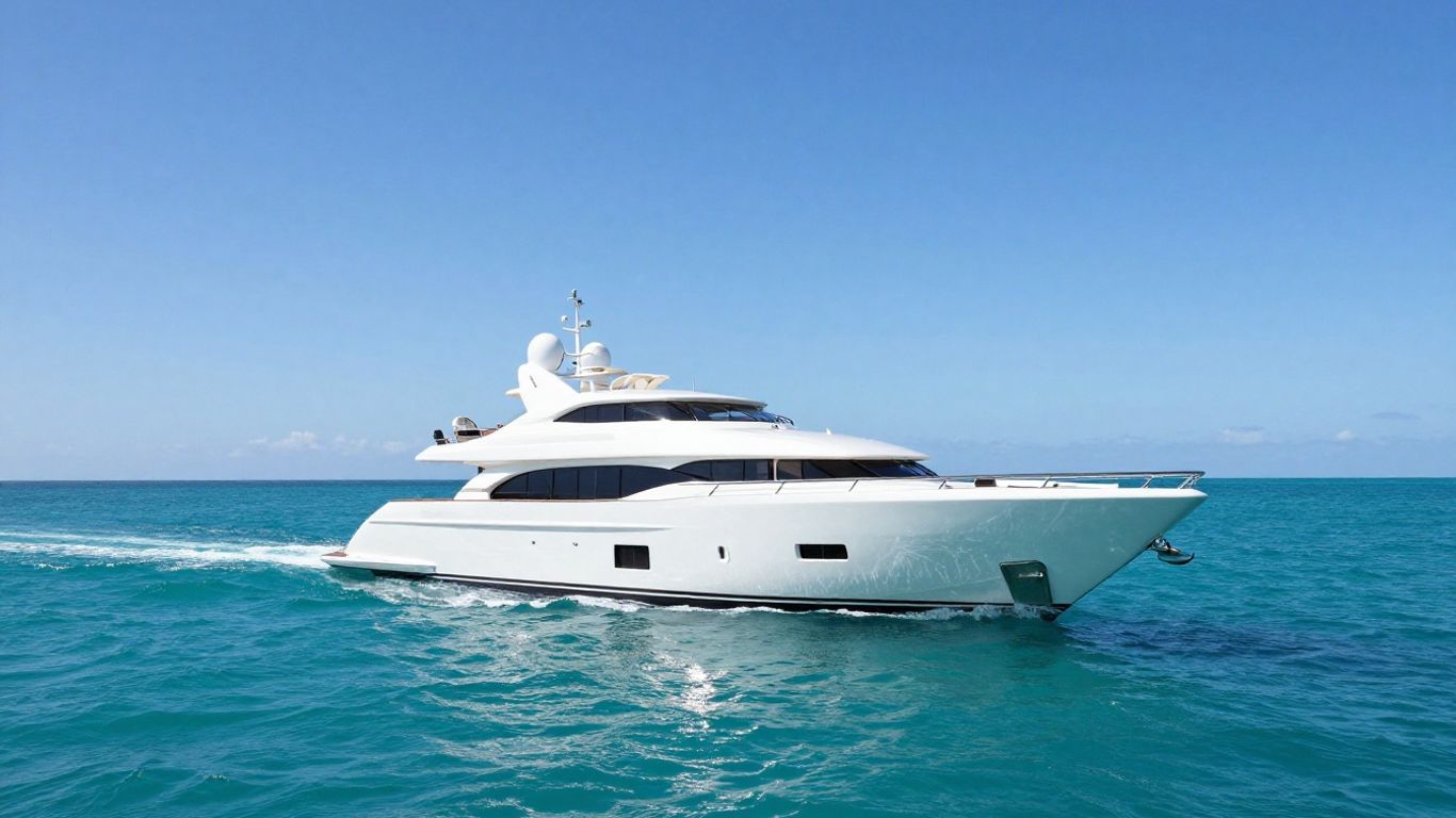 Luxurious superyacht sailing on a clear blue ocean.