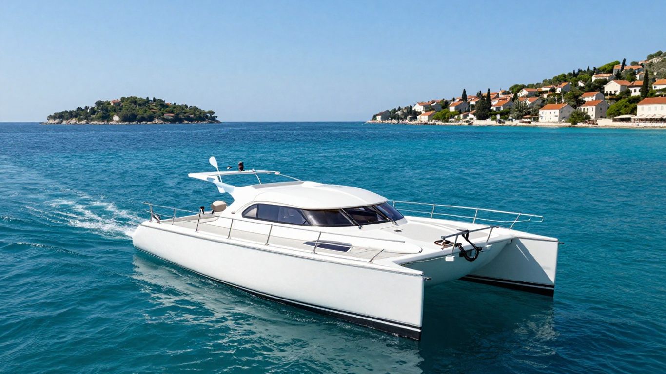 Catamaran sailing on clear blue Adriatic Sea near Croatia