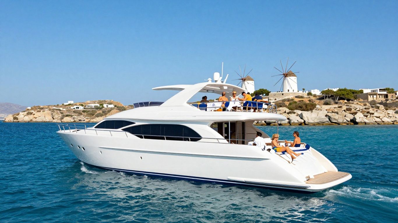Luxury yacht sailing near Mykonos island.