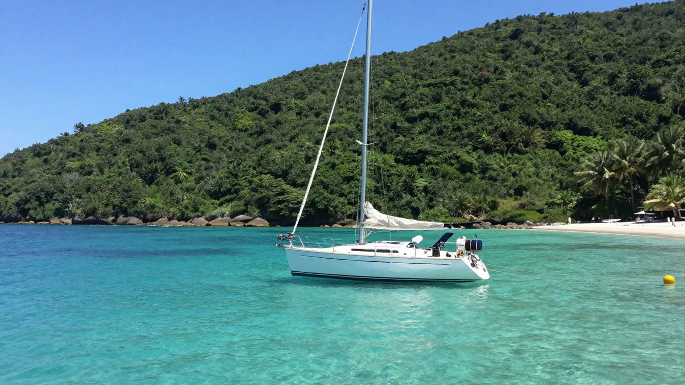 Sailboat anchored in calm, clear water near shore.