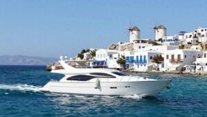 Luxury yacht sailing near Mykonos island