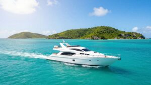 Luxury yacht sailing in the British Virgin Islands.