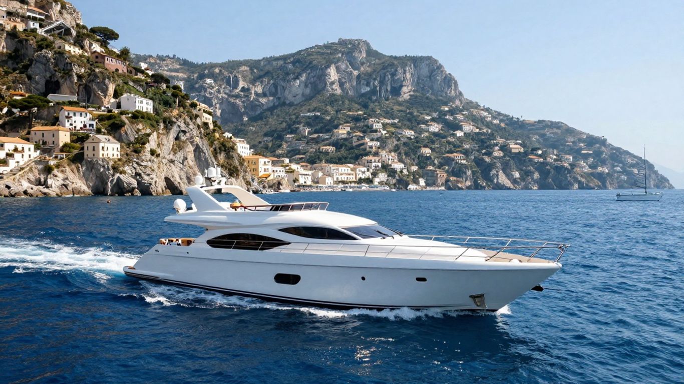 Luxury yacht sailing the Italian coast with scenic views.