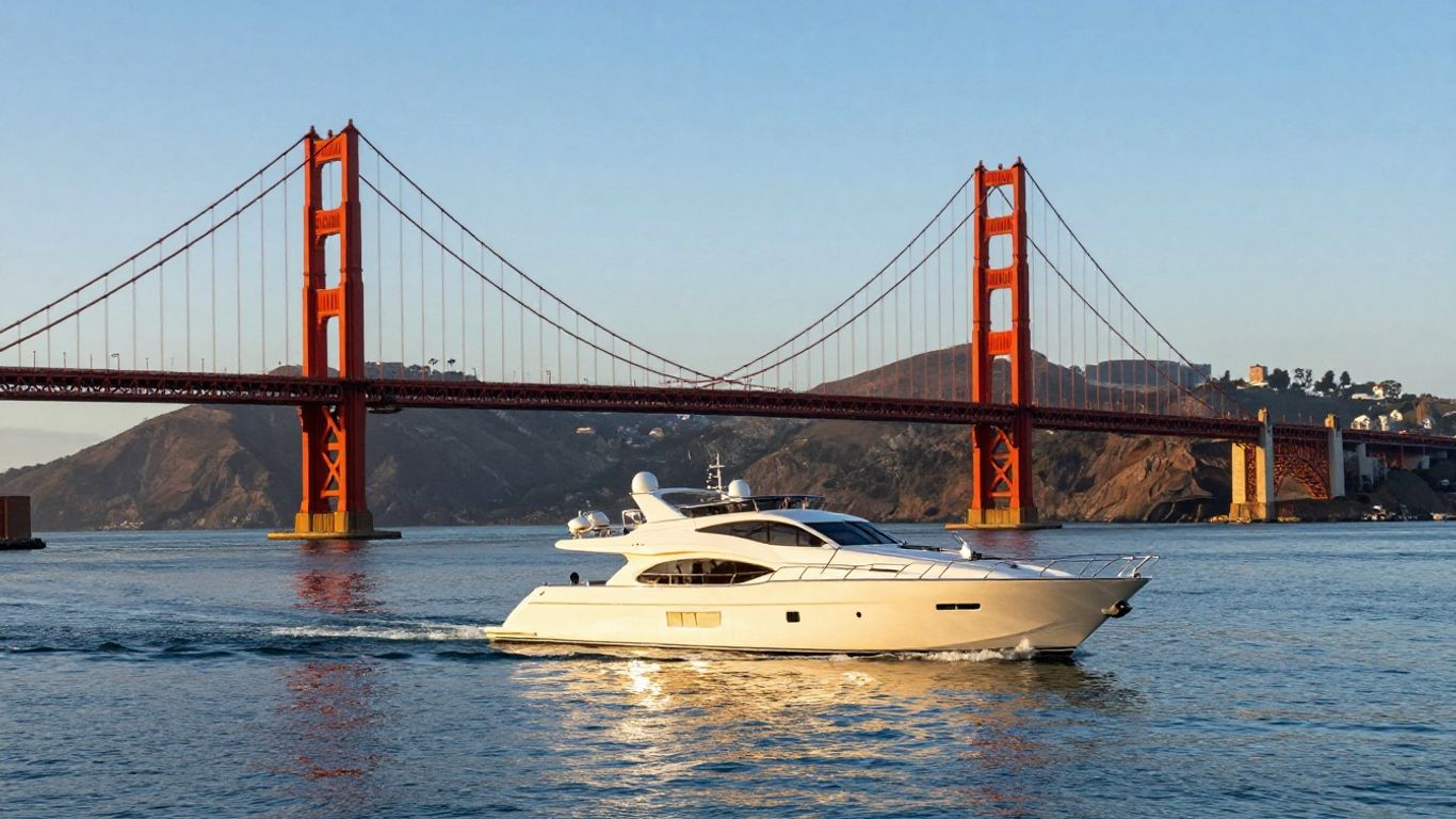 Yacht sailing near Golden Gate Bridge at sunset.
