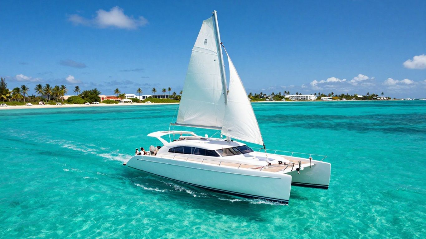Catamaran sailing in clear turquoise waters near Nassau.