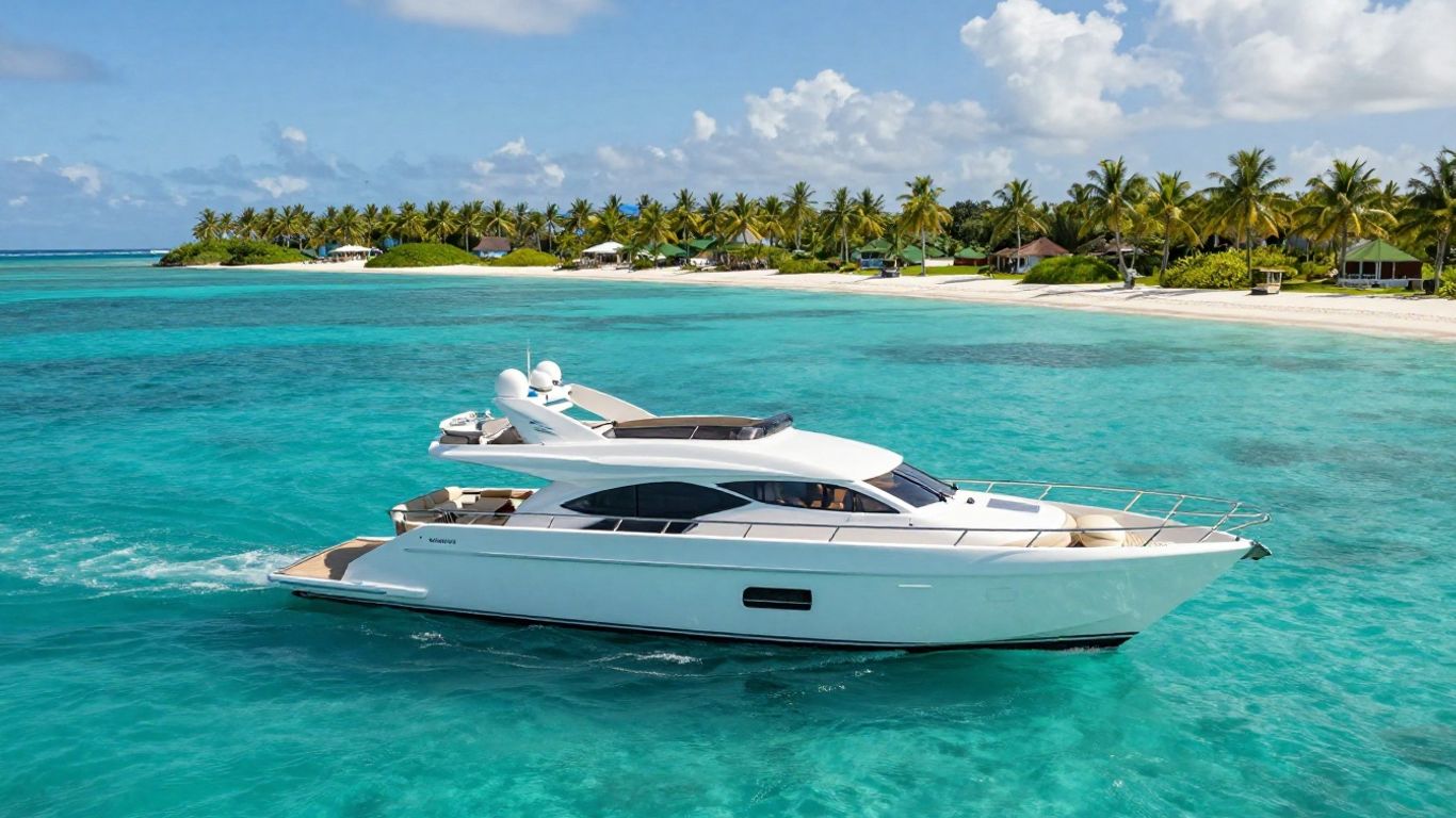 Luxury yacht sailing on clear turquoise water.