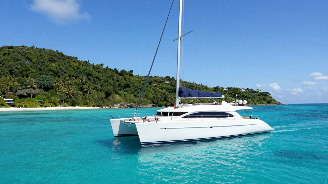 Luxury catamaran sailing on turquoise water near islands.