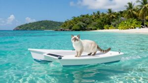 Catamaran sailing near tropical islands in Thailand.