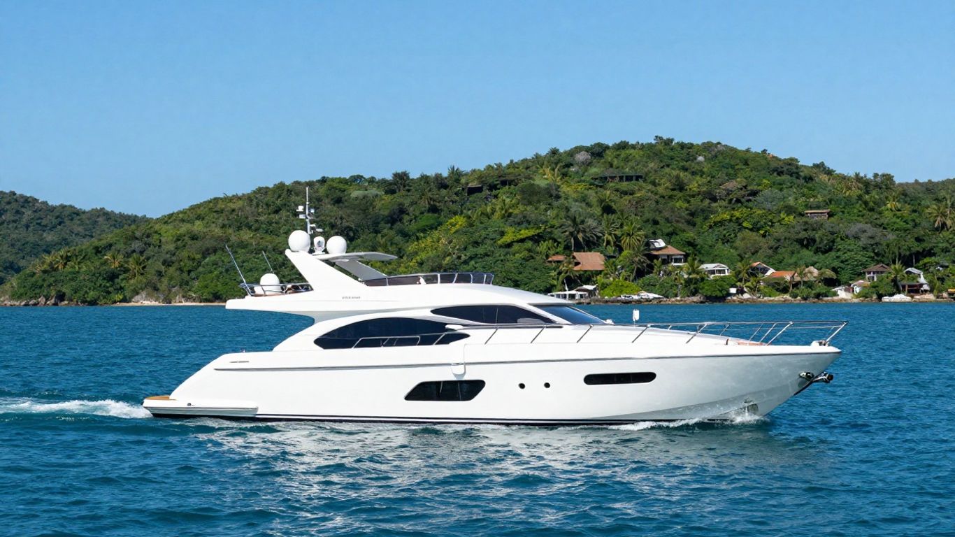 Luxurious Usher boat sailing on clear blue water.