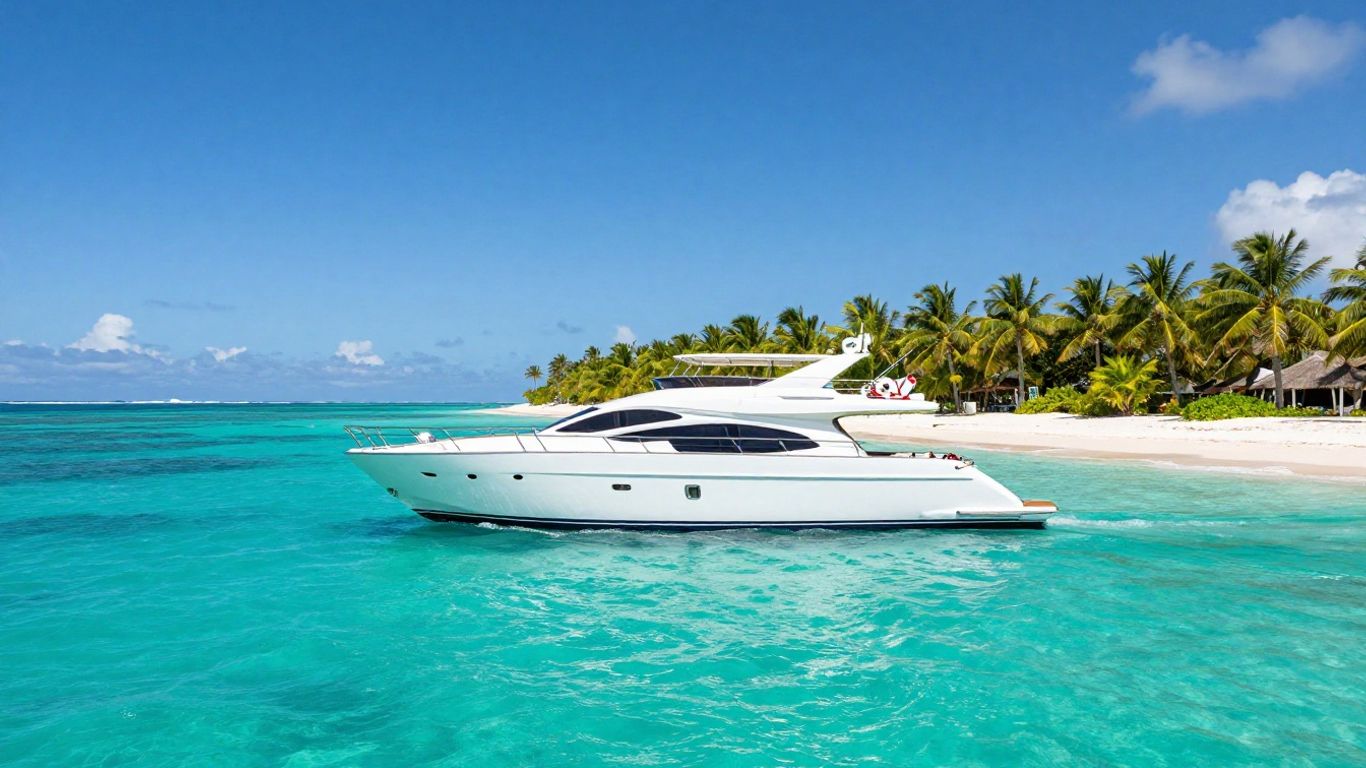 Luxury yacht sailing in the Bahamas turquoise waters.