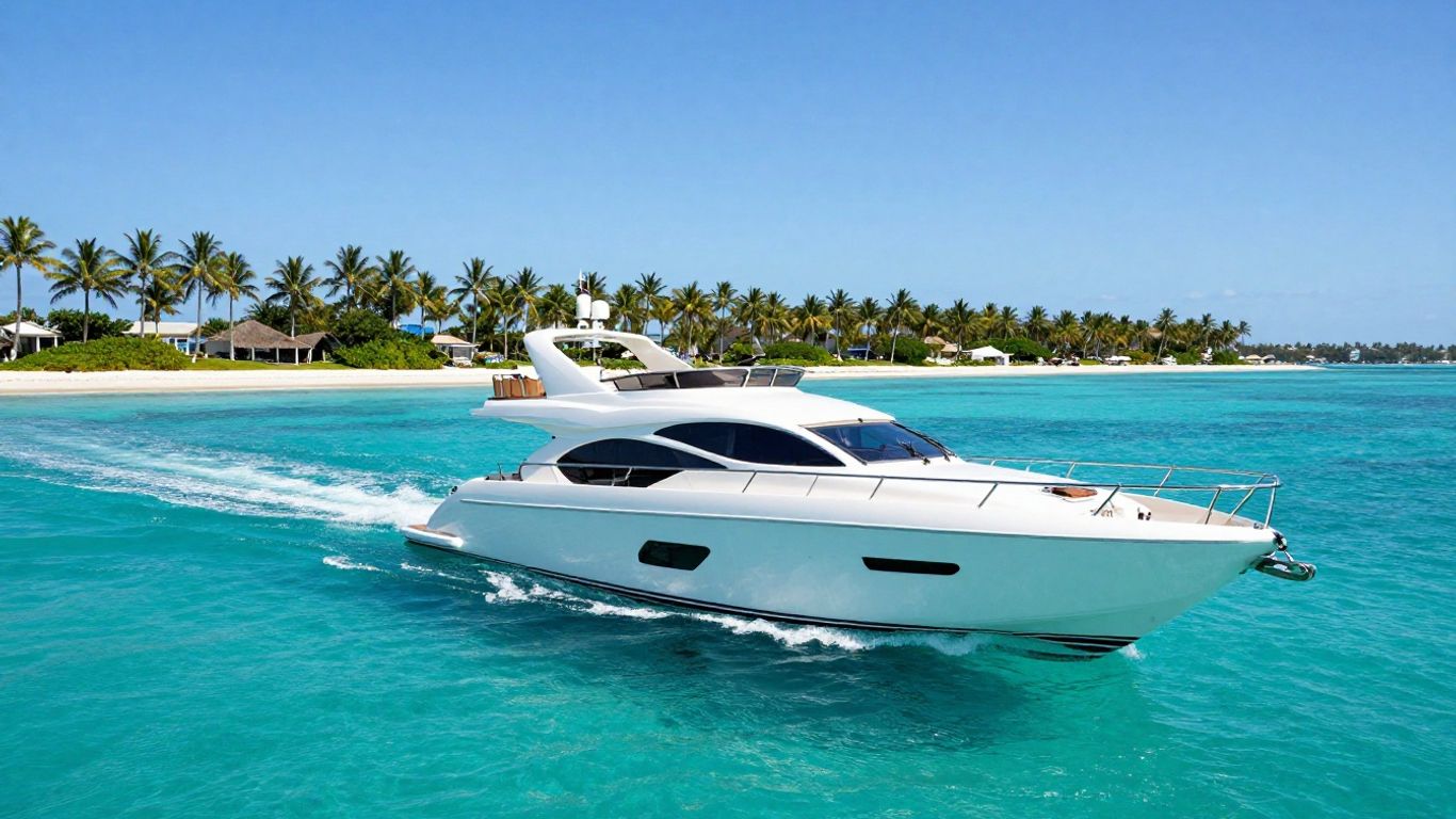 Luxury yacht sailing in clear turquoise Bahamian waters.