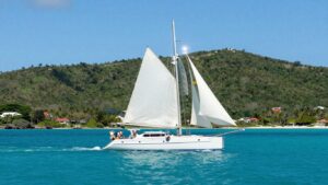 Catamaran sailing in Tortola's clear blue waters.