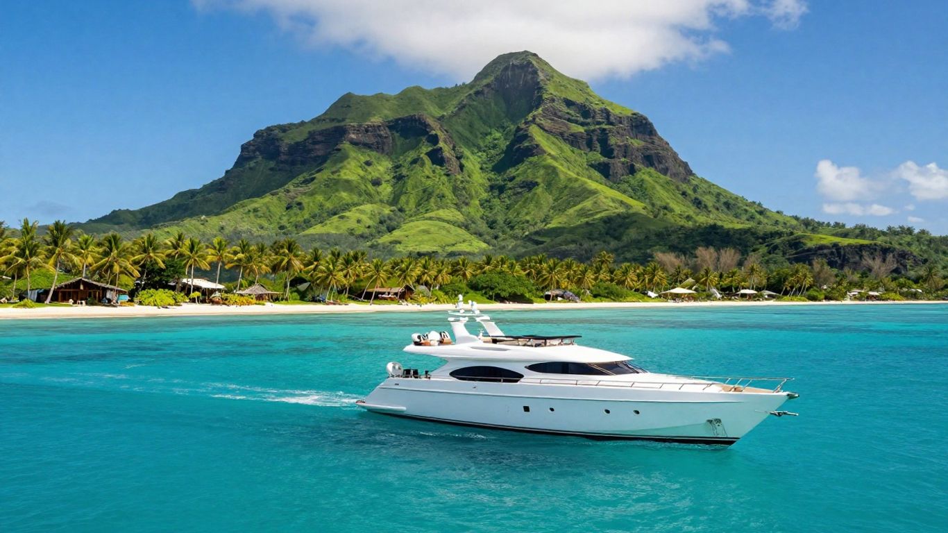 Sailing yacht in French Polynesia with volcanic islands.