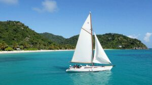 Sailing yacht on turquoise water near tropical islands.