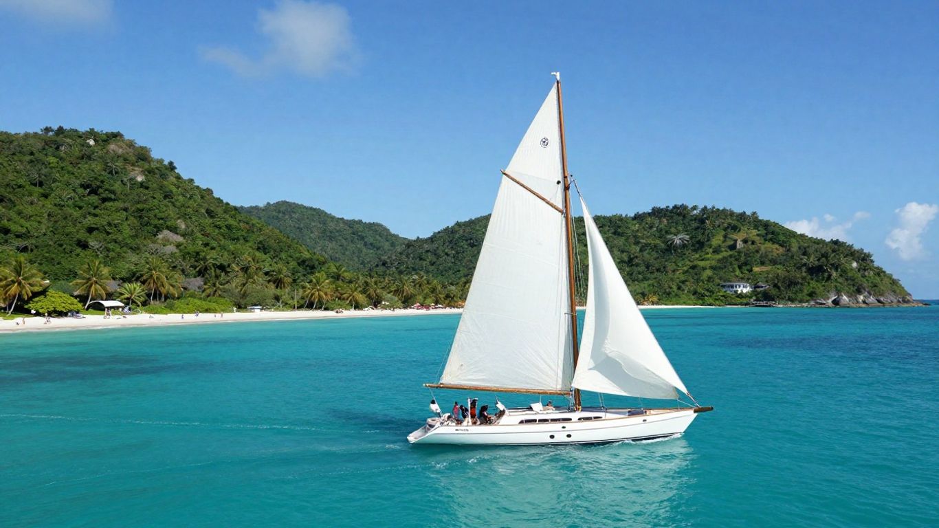 Sailing yacht on turquoise water near tropical islands.