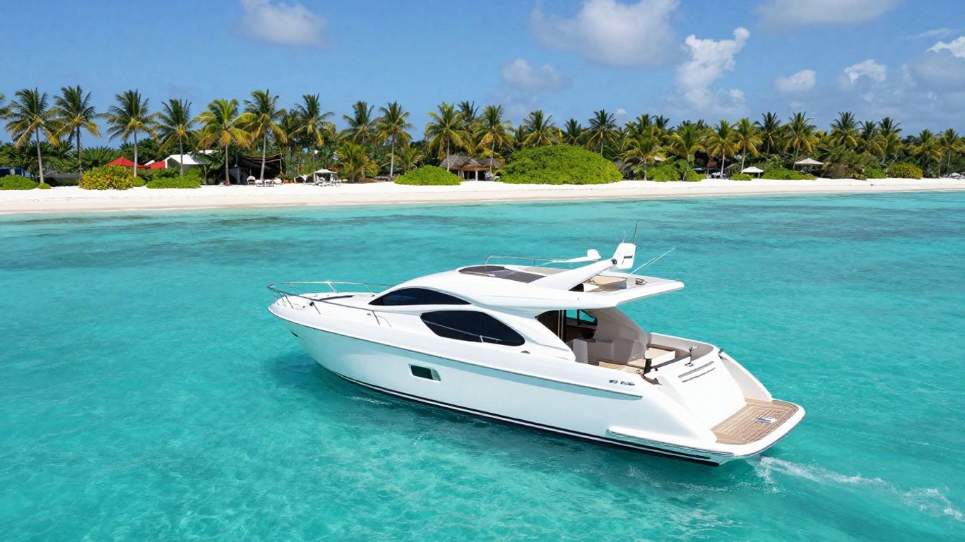 Luxury yacht sailing in clear turquoise Bahamian waters.