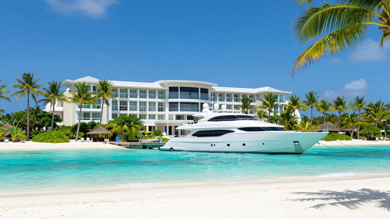 Luxury yacht at tropical resort with turquoise water.