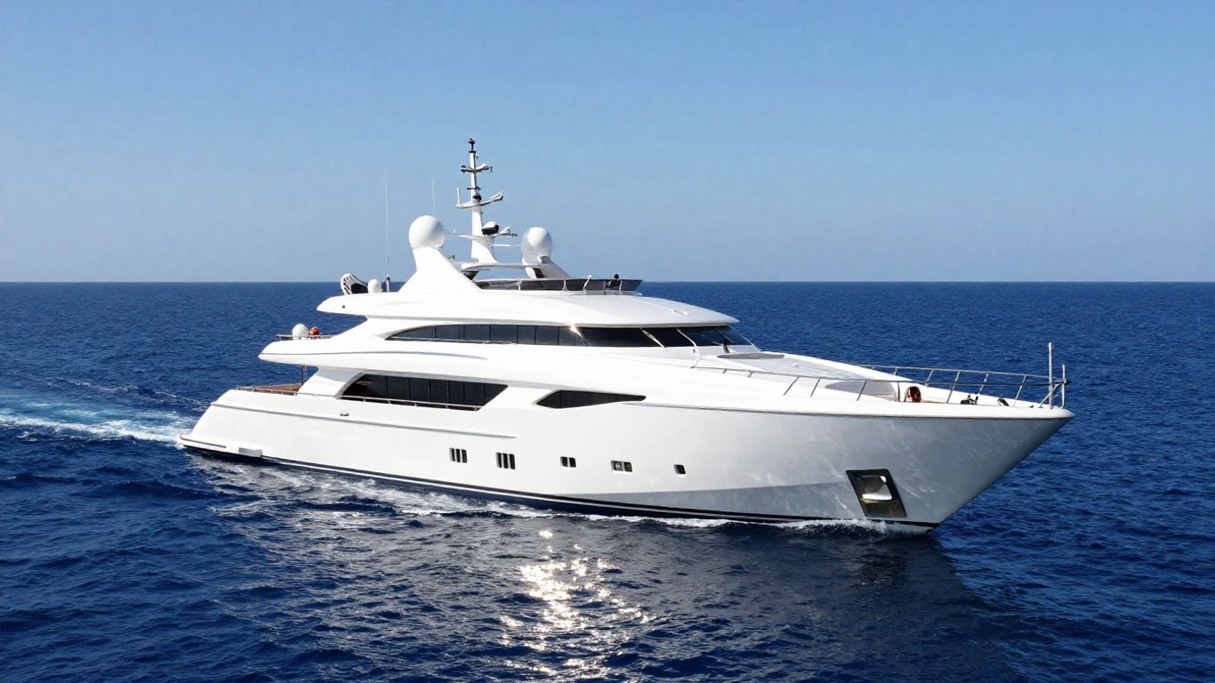 Luxurious superyacht sailing on a bright blue ocean.