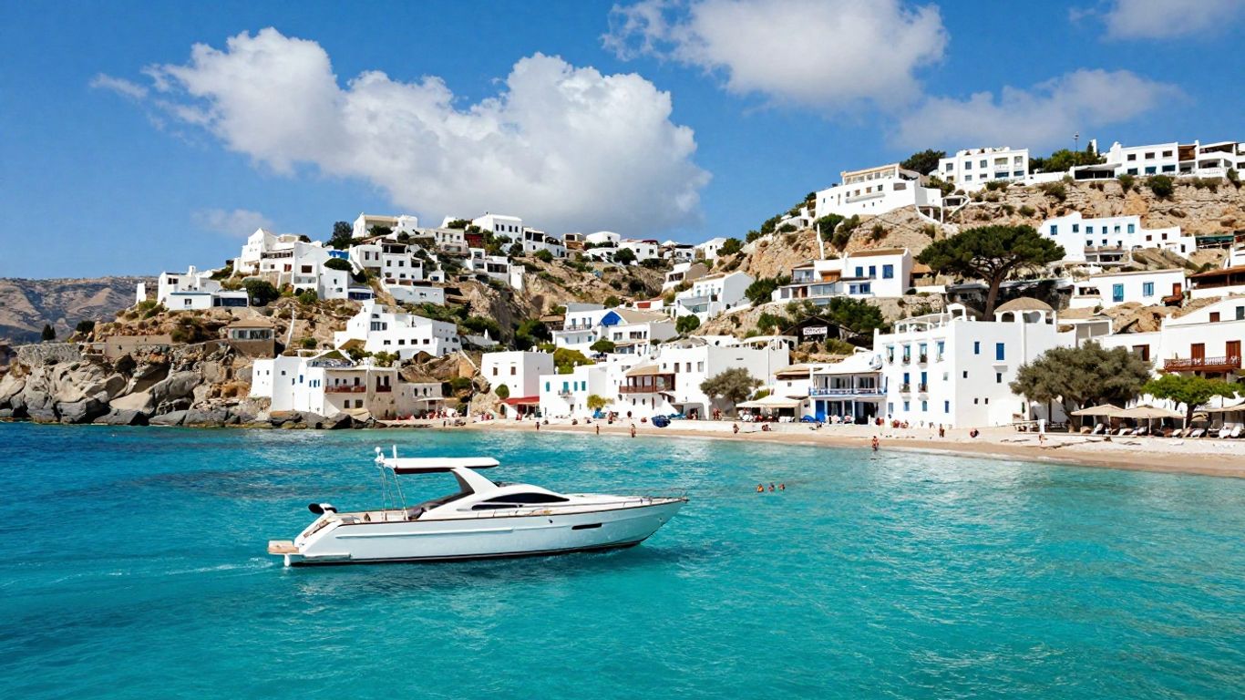 Luxury yacht sailing near Greek island cliffs.