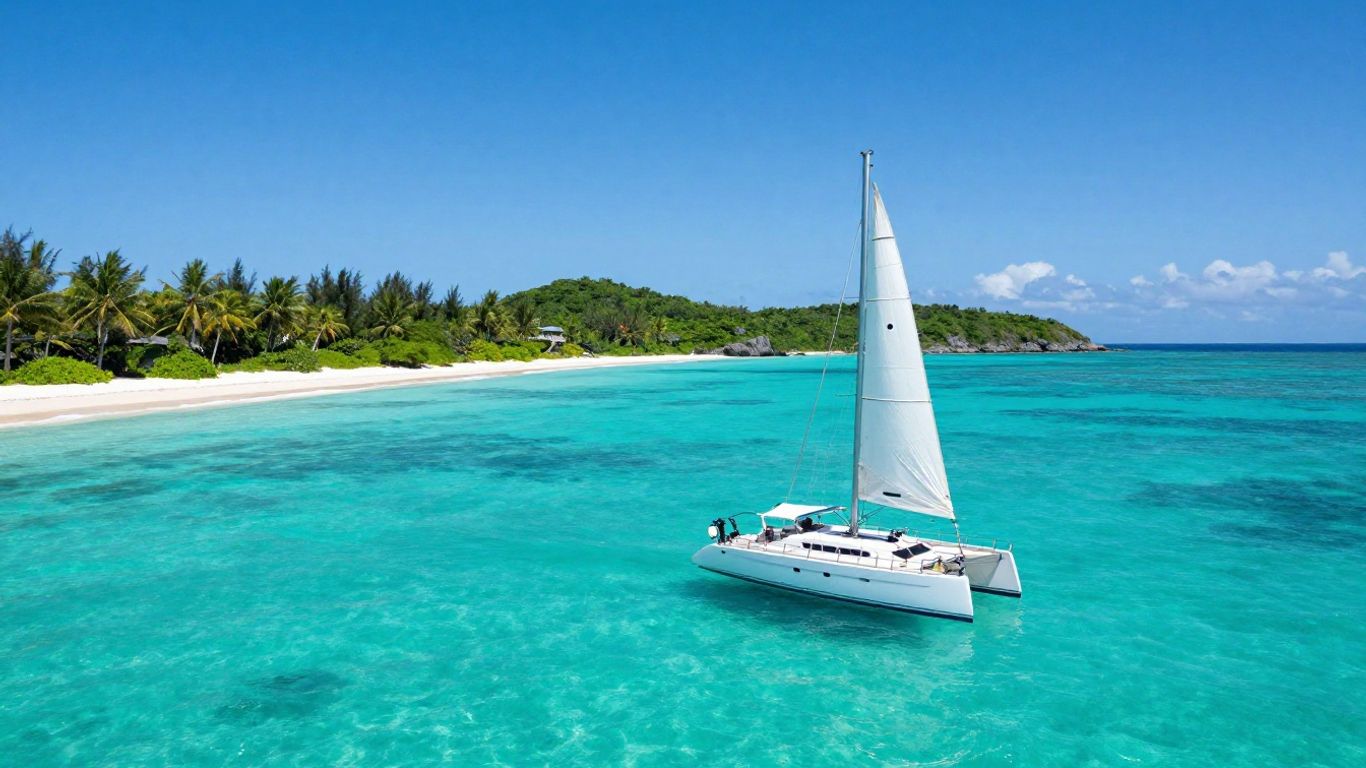 Sailboat on turquoise water near tropical island.