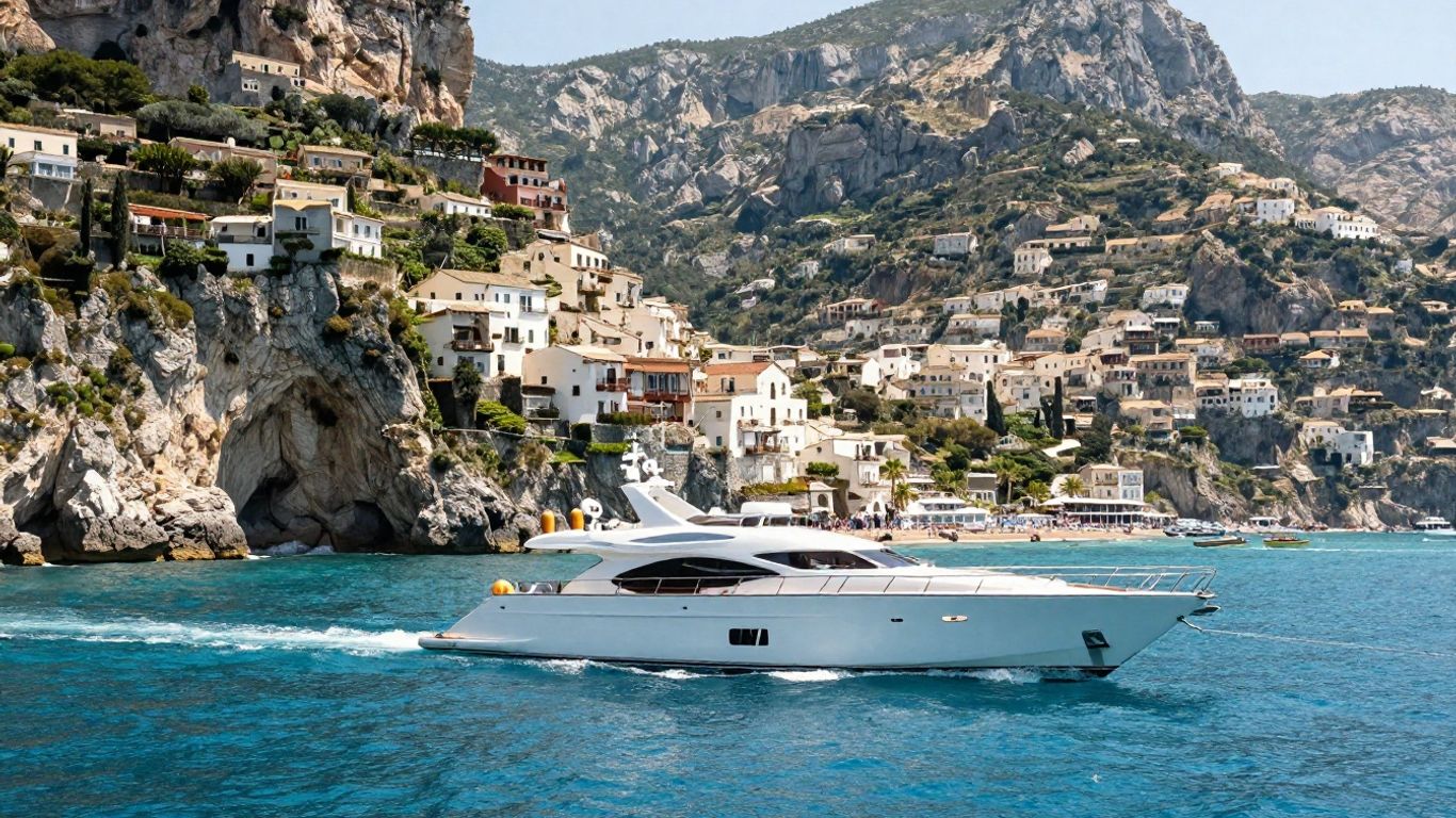 Luxury yacht sailing along the stunning Italian coast of Sicily.
