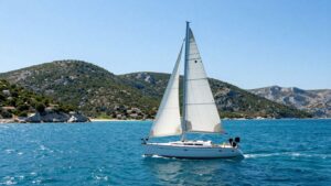 Sailboat navigating clear Adriatic waters near Croatian islands.