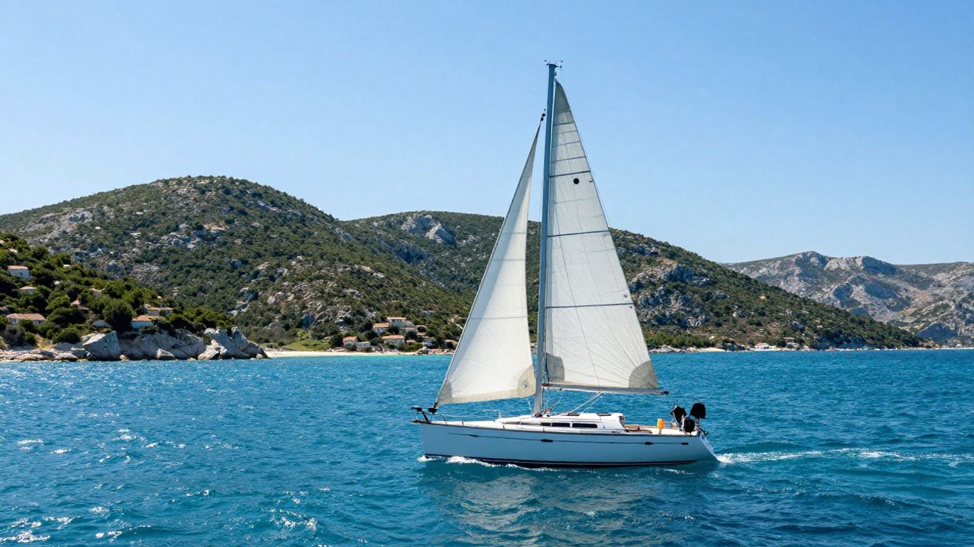 Sailboat navigating clear Adriatic waters near Croatian islands.