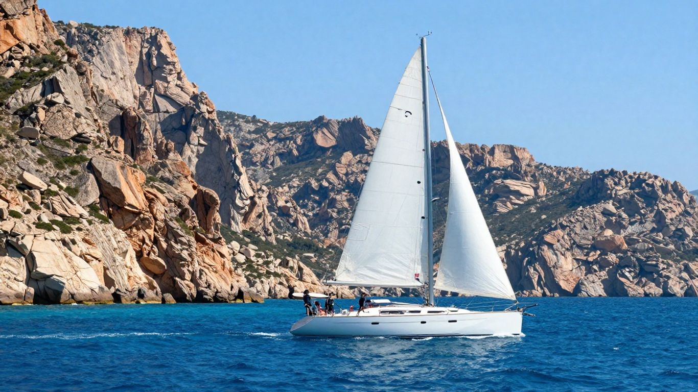 Sailboat on turquoise Mediterranean waters near Sardinia.