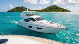 Luxury yacht sailing in clear Bahamian waters.
