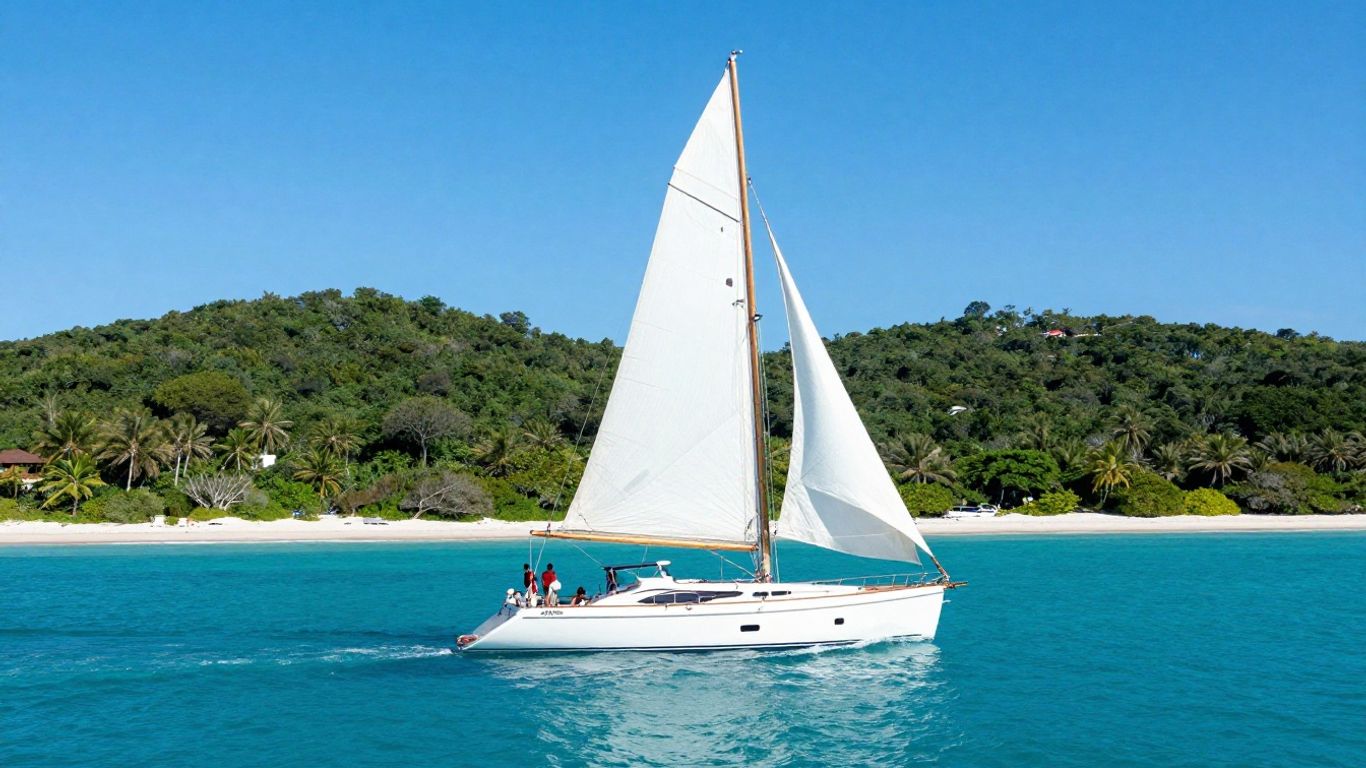 Sailing yacht on turquoise water near Antigua islands.