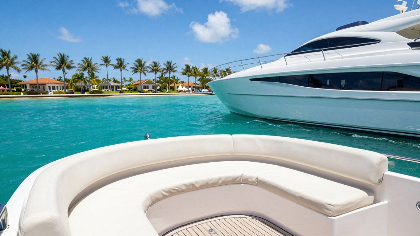 Luxury yacht sailing on Florida waters near palm-lined coast.
