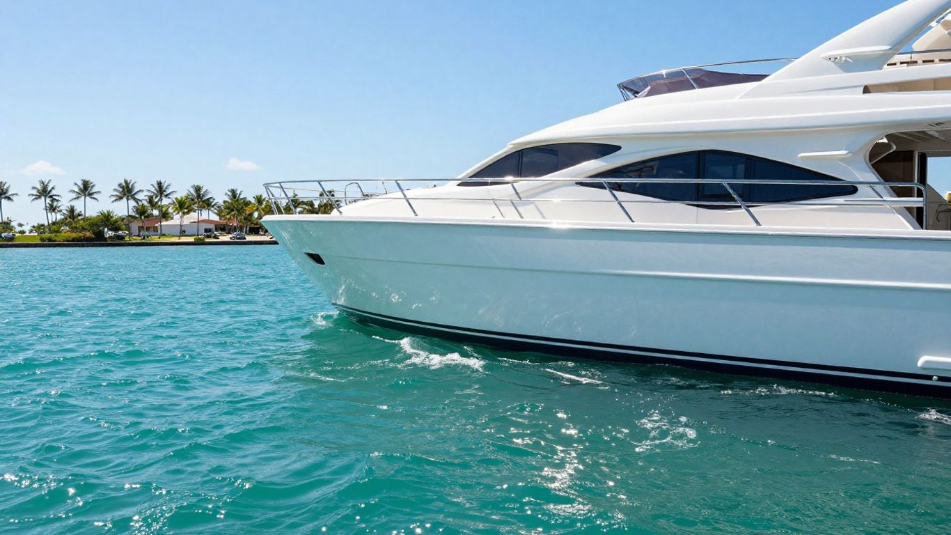 Luxury yacht sailing on Florida waters with palm trees.