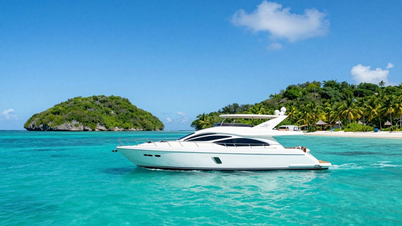 Luxury yacht sailing in clear turquoise waters near Antigua.